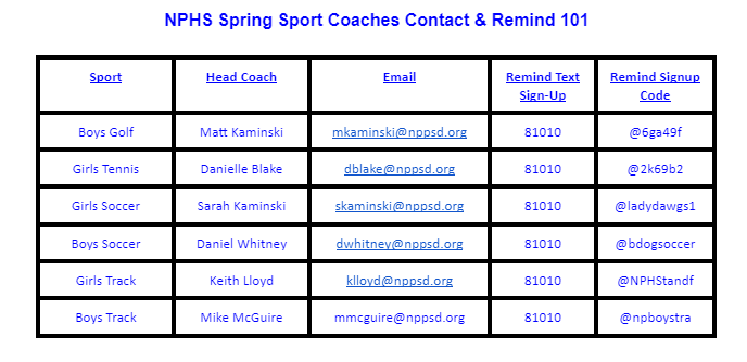 Spring Sports Contact 